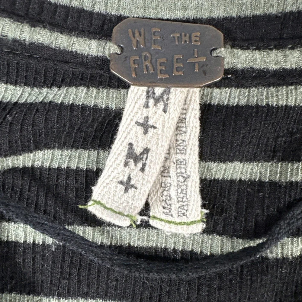 Free People We The‎ Free Medium Black Green Striped Boho Stretch Top